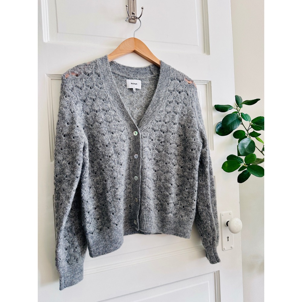 Numph Nurietta Grey Pointelle Eyelet V-Neck Button Front Cardigan Sweater XS/S